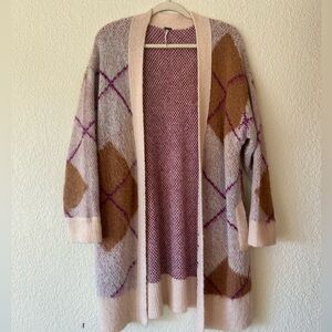 Free People Argyle Avenue Multicolor Pink Midi Cardigan Wool Alpaca Blend XS